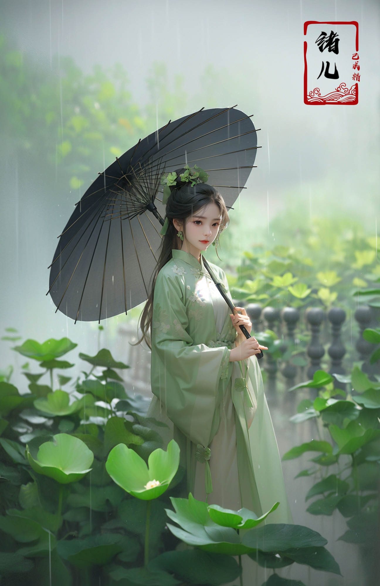 606247209521968620-3559402815-A woman holds a oil-paper umbrella on her shoulder to shelter from the rain as part of a fashion event in the style of Yue Xiaof.jpg